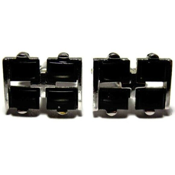 Black Designer Cufflinks by Shields Silver Tone Tux Shirt Dress Suit Vintage - Picture 2 of 9
